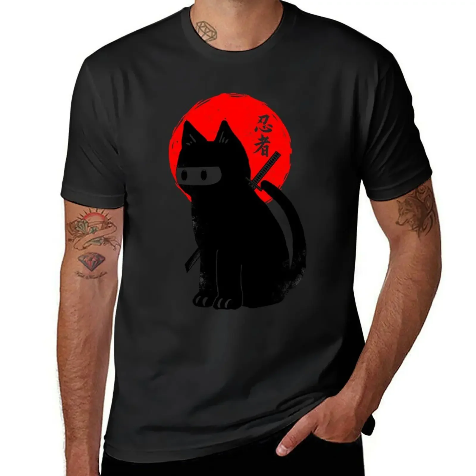 Black ninja cat T-Shirt tees street wear vintage t shirts t shirts for men pack