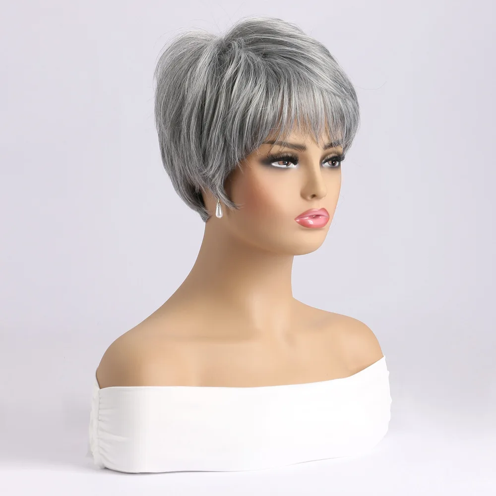 Synthetic Short Straight Wig for Women Wigs With Bangs Silver Grey Wig Daily Use Heat Resistant Fiber