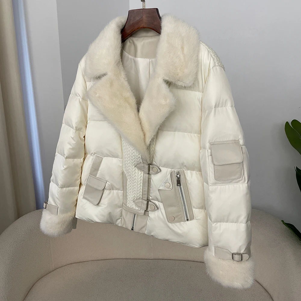 2024 Autumn Winter New Mulberry Silk 90% White Goose Down Down Jacket Women Short Mink Fur Collar Fur Jacket Thickened Warm