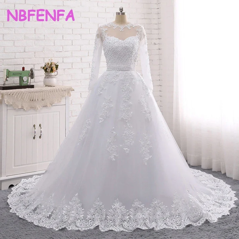 

Luxury Long Sleeve Embroidered Beading Brides Wedding Dresses Sexy See Through Ball Gown Trailing Dress Women Formal Occasions