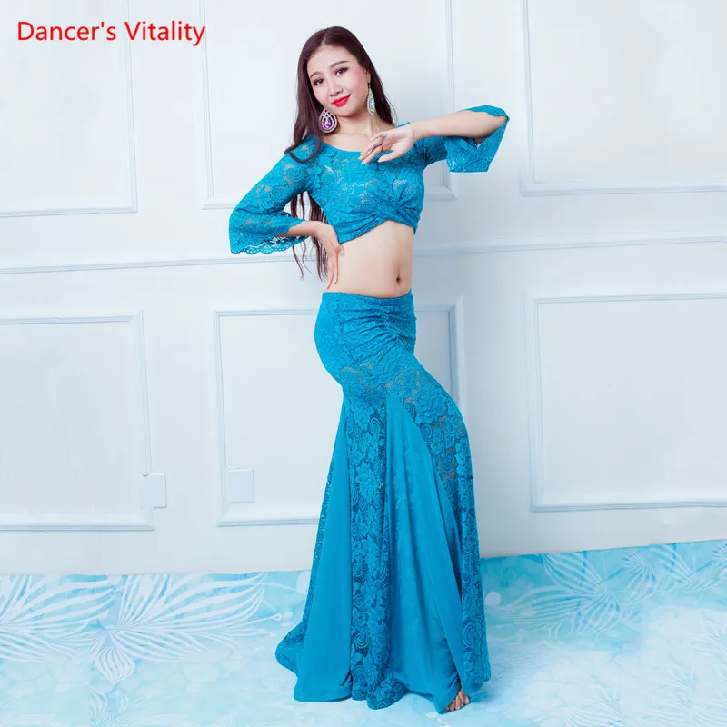 Belly Dance Lace Suit Female Adult Elegant Top Practice Clothes Set Shirt Long Skirt Competition Performance Clothing