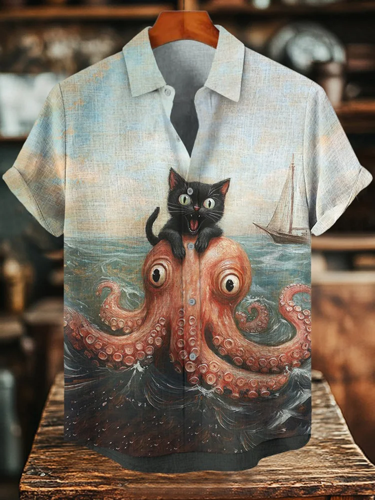 ฮาวายผู้ชายแมวกราฟิกเสื้อแขนสั้น Turn-Down เสื้อสําหรับฤดูร้อนขนาดใหญ่เสื้อวันหยุดสบายๆเสื้อผ้า