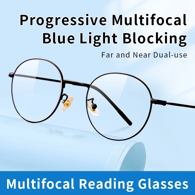 

Progressive Multifocus Reading Glasses for Women and Man, Anti Blue Ray Anti-fatigue, Presbyopic glassesRound Retro Eyeglasses,