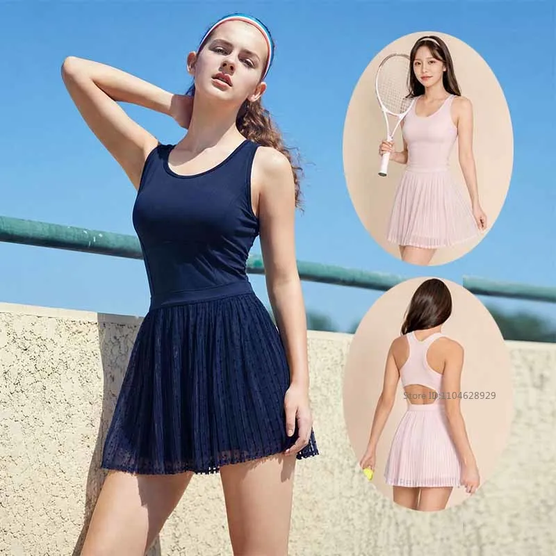 Fashion Tennis Golf Dress Ladies Sleeveless Lace Sports Dress Women Pleated Hollow Backless Tennis Skirt with Bra and Short