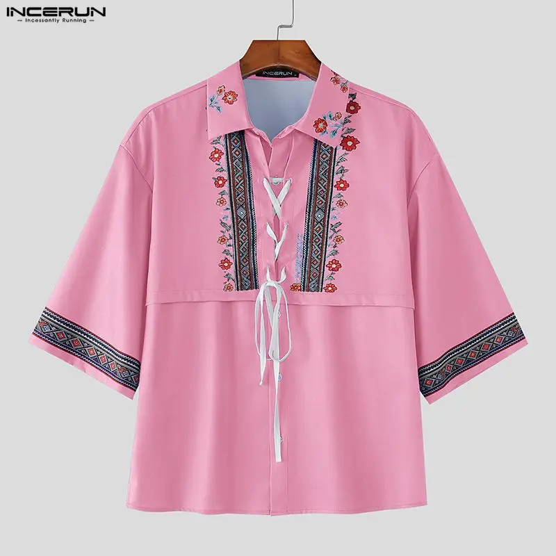 

INCERUN Men's Shirt Ethnic Style Printing Lapel Half Sleeve Men Clothes Streetwear Loose Lace Up 2026 Casual Tops Shirts For Man