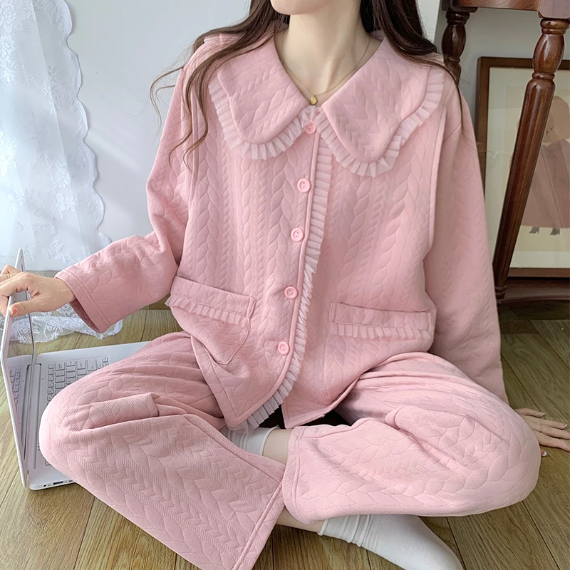 Pregnant Women Sleepwear Air Cotton Pink Collar Long Sleeve Two-Piece Set Comfortable Home Clothes for Women during Pregnancy