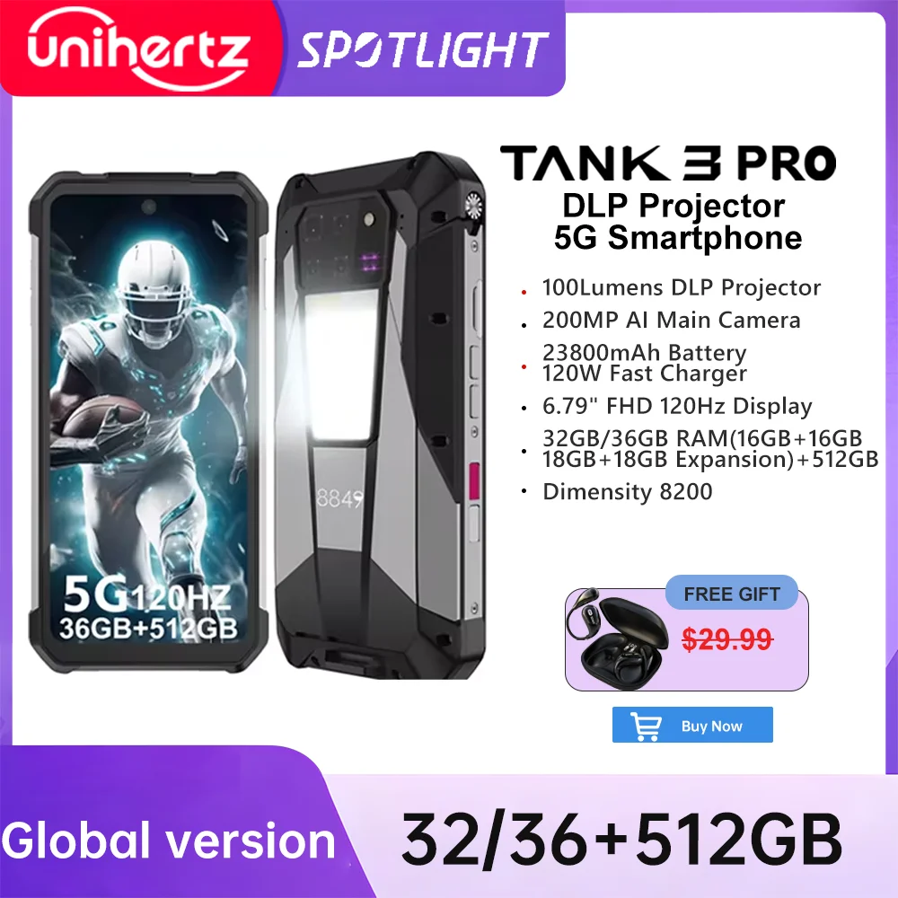 Unihertz Tank 3 Pro 8849 Smartphone with 100 Lumens 120Hz Projector 36GB+512GB 5G Phone 23800mAh 120W Fast Charger 200MP Camera