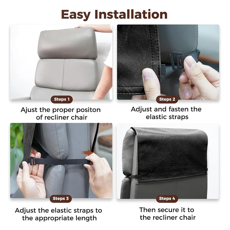 Headrest Cover Faux Leather For Recliner Chair With Elastic Straps- For Recliner Headrest Protector Black-AT30