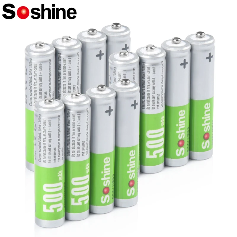 Soshine 12PC AAA 500mAh Low Self Discharge Batteries 1.2V Aaa NIMH Rechargeable Battery 1000 Times Cycle for Clocks Cameras Toy