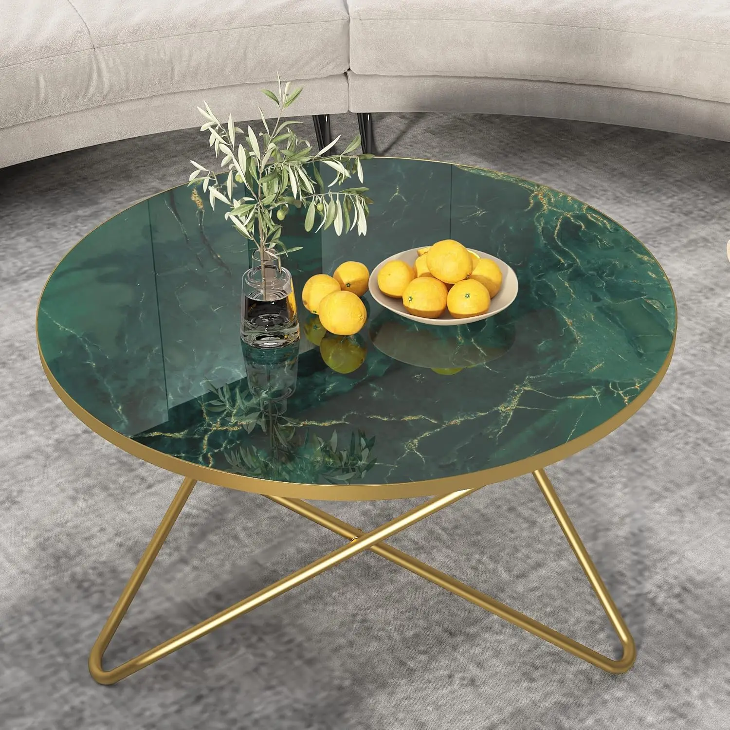 Round Coffee Table with Green Faux Marble Top