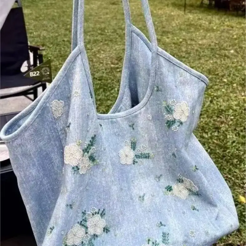 Bloom Floral Embroidery Blue Denim Handbag Women Fairy Core Aesthetic Y2k Shoulder Bags Female Large Capacity Underarm Bag