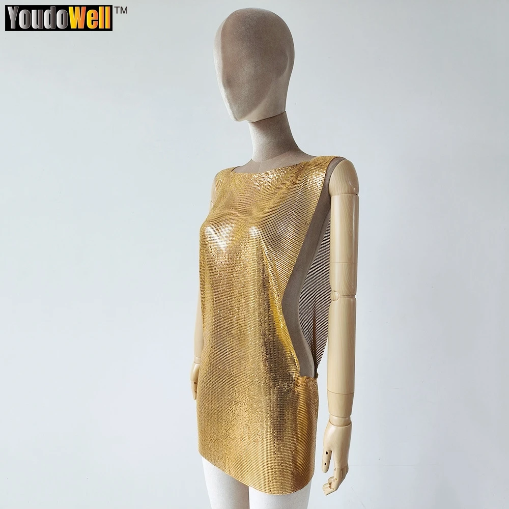 Women's Sequin Metal Cutout Evening Dress, Sleeveless Mini Skirt, Sparkling, Nightclub Party, Reception, Beach, Sexy, Summ Dress