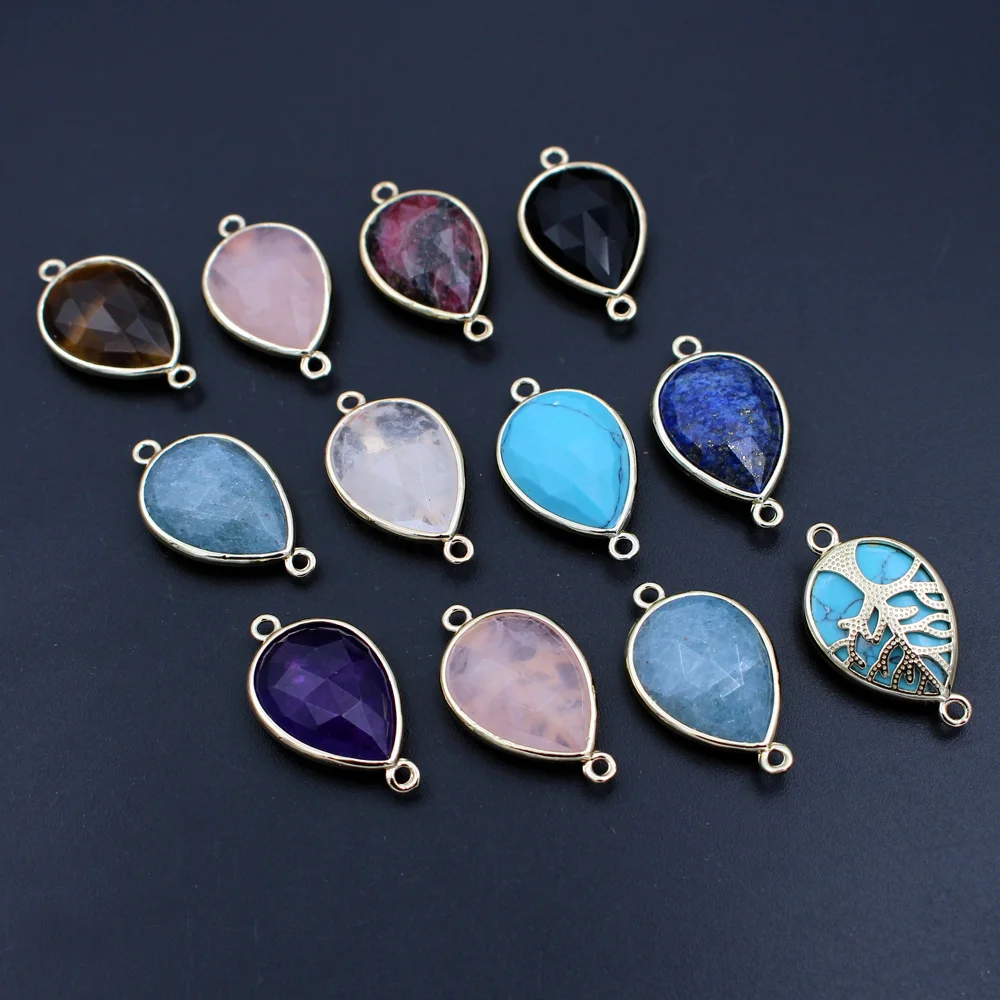 

10pcs Trendy Faceted Teardrop Stone Double Hole Connectors Rose White Quartz Stone Pendant Charms for DIY Drops Earrings Making