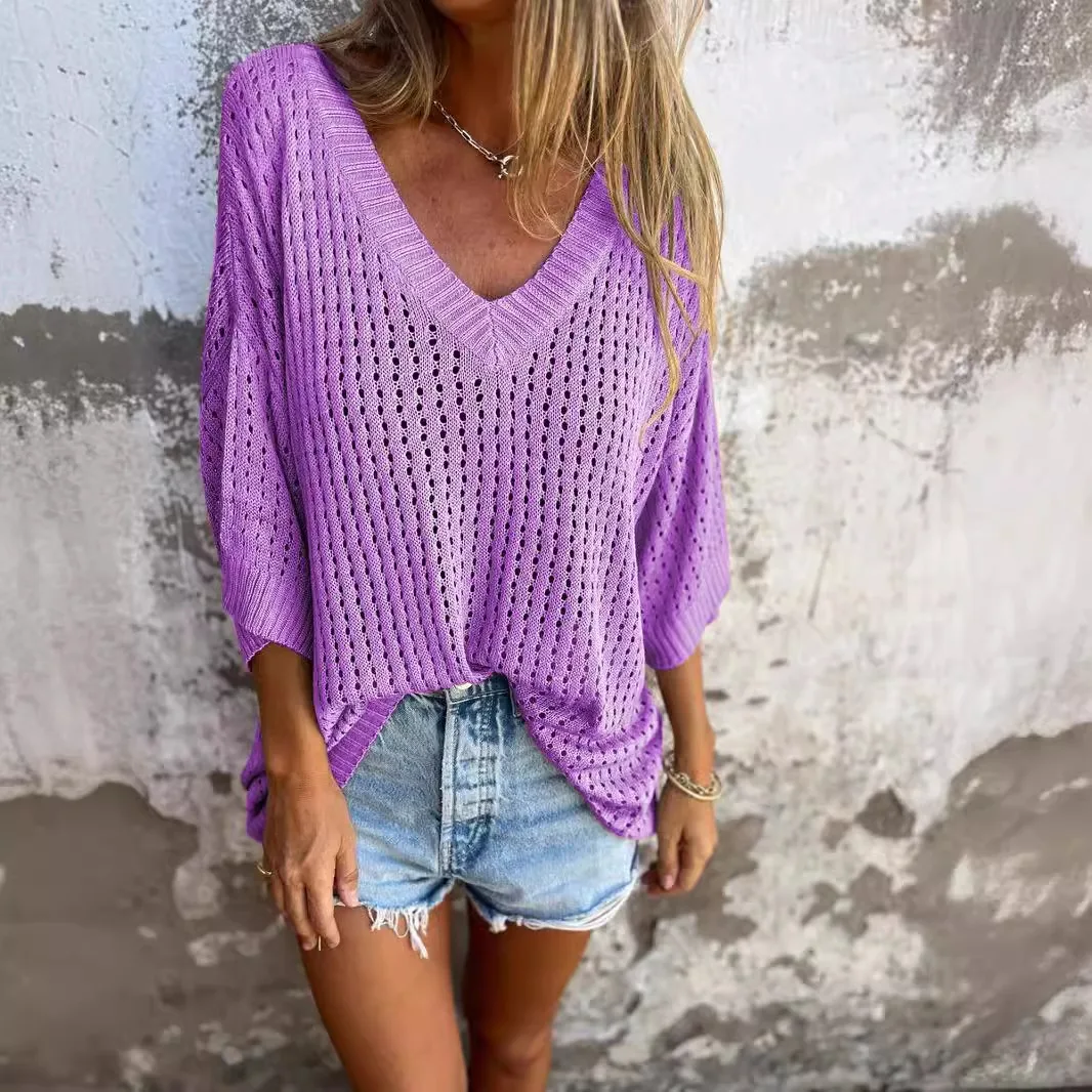 New T-shirt Women's Hollowed-out Outer Long-sleeved Knitted Mountain Lazy Style Design V-neck Anti-knitted Sweater