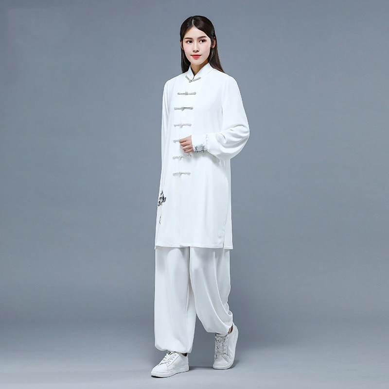 Tai Chi Suit Men Women Spring Autumn New Embroidered Flowy Draping Kung Fu Performance Practice Wear White Loose Set Outfit