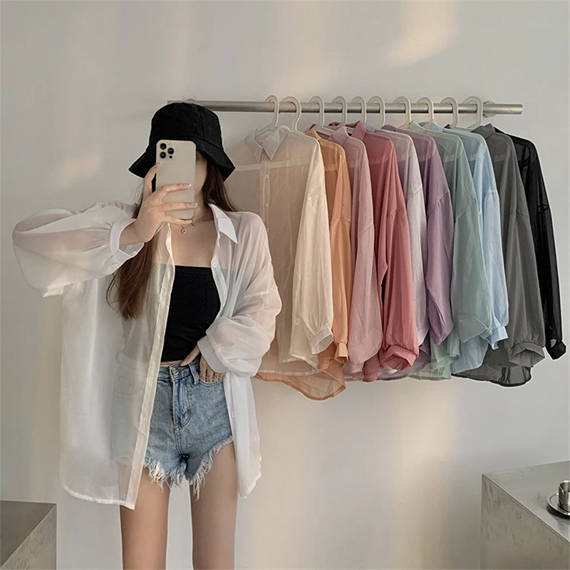 Summer Women Thin Chiffon Shirts Loose Long Sleeve Jacket Sun Protection Shirt Solid Korean Outdoor Beach Holiday Ladies Tops