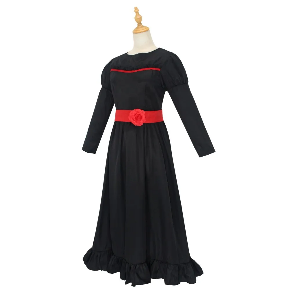 ANNA cosplay dress black and white two tone soul summoning horror doll costume long sleeved red rose waist cinching long skirt H view 6
