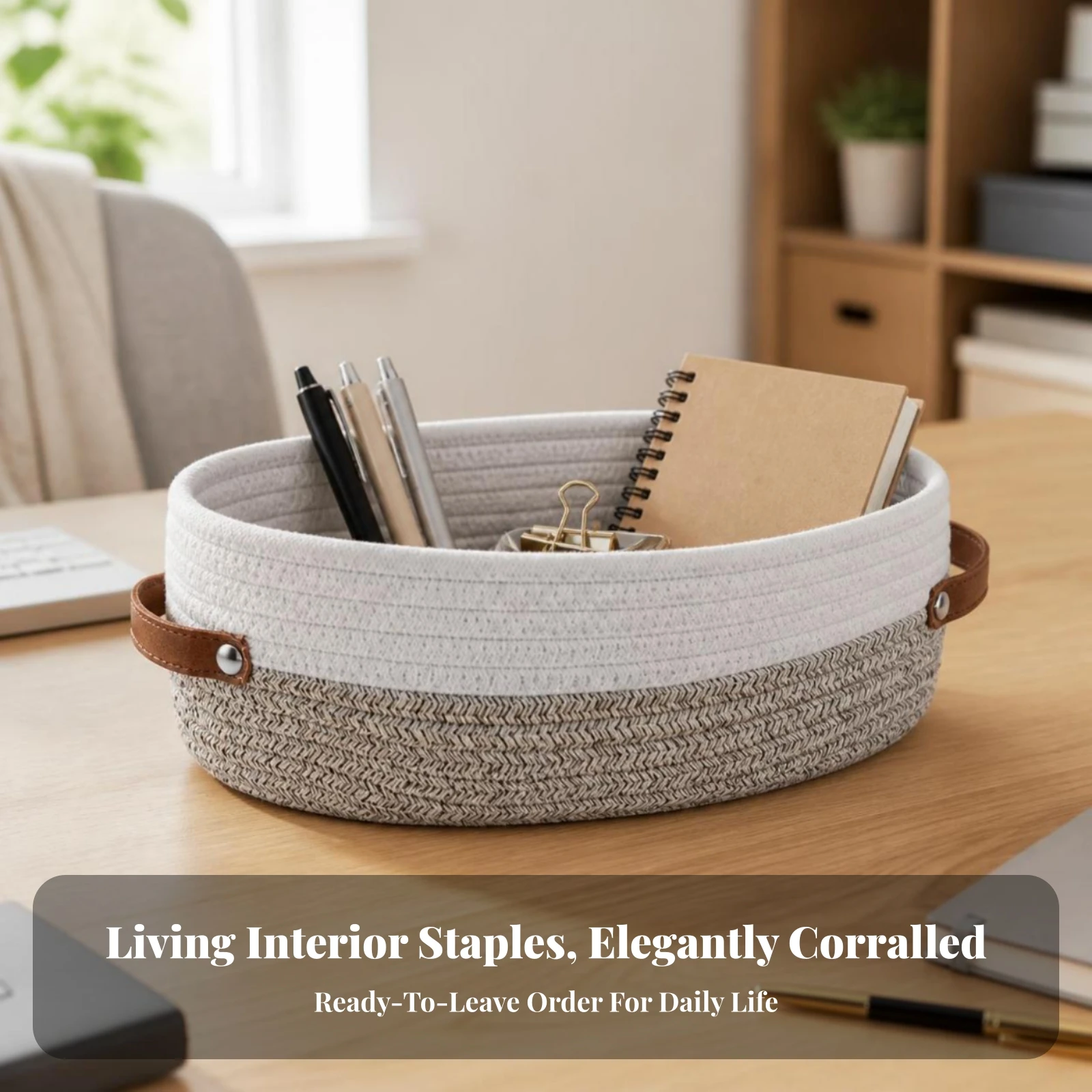 Rope Basket with Leather Handles Sturdy Cotton Rope Storage Basket Woven Storage Bin with Handles Long-Lasting Braided for Shelf