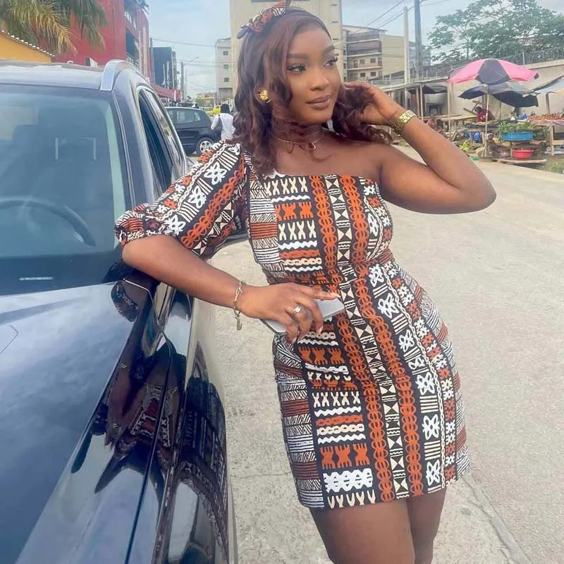 

2025African Black Printed Dress Women's Clothing Summer Fashion New European and American off-Shoulder Skirt New