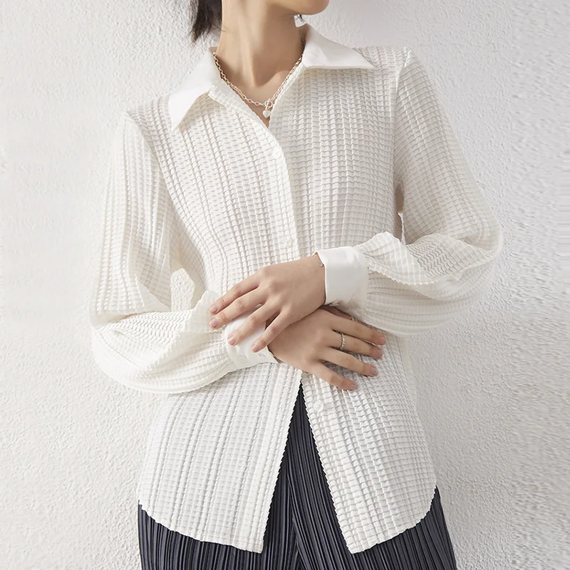 White Shirt For Women 2023 Early Autumn New Turn Down Collar Miyake Pleated Single Breasted Long Sleeved Top