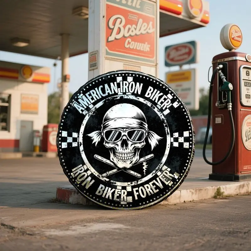 Motorcycle Tire Cover With American Iron Logo & Skull & Motorcycle Helmet Print - Heavy-Duty Jacket Style Spare Wheel For Motorc