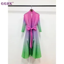 GGHK Miyake  Pleated New Women's Dresses 2023 Fashion Fashion Gradient Color Belt Loose Large Size Casual Party Dresses