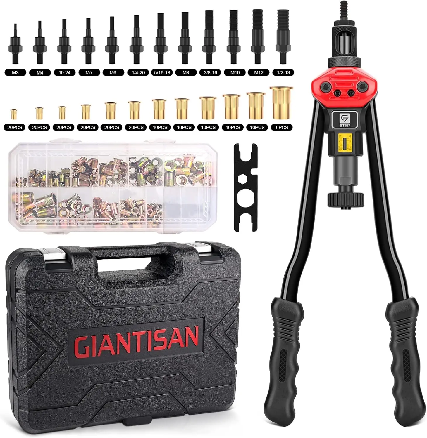 Rivet Nut Tool, Giantisan 16-Inch Rivnut Tool Kit With 12 Metric And Sae Mandrels, 176Pcs Rivet Nut Assortment Kit, And Rugged