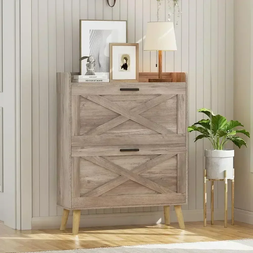 

32 Wide Barn Door Shoe Cabinet with 2 Drawers, Adjustable Shelves, Slim Storage for Entryway, Hallway, Living Room in Greige