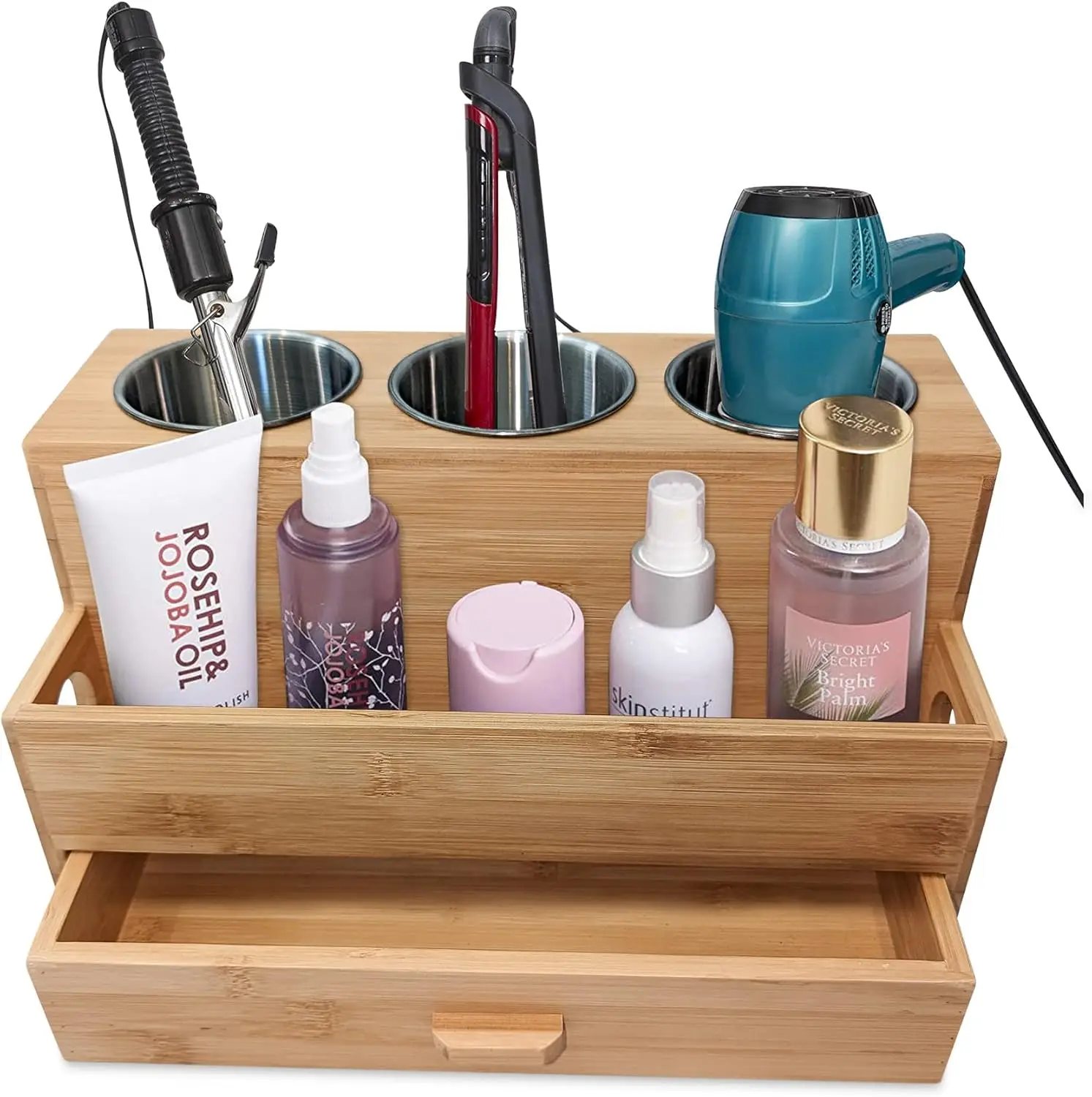 

Hair Tool Organizer, Bamboo, Styling Holder, Bathroom Countertop Blow Dryer Holder, Vanity Caddy Stand for Accessories, Makeup,