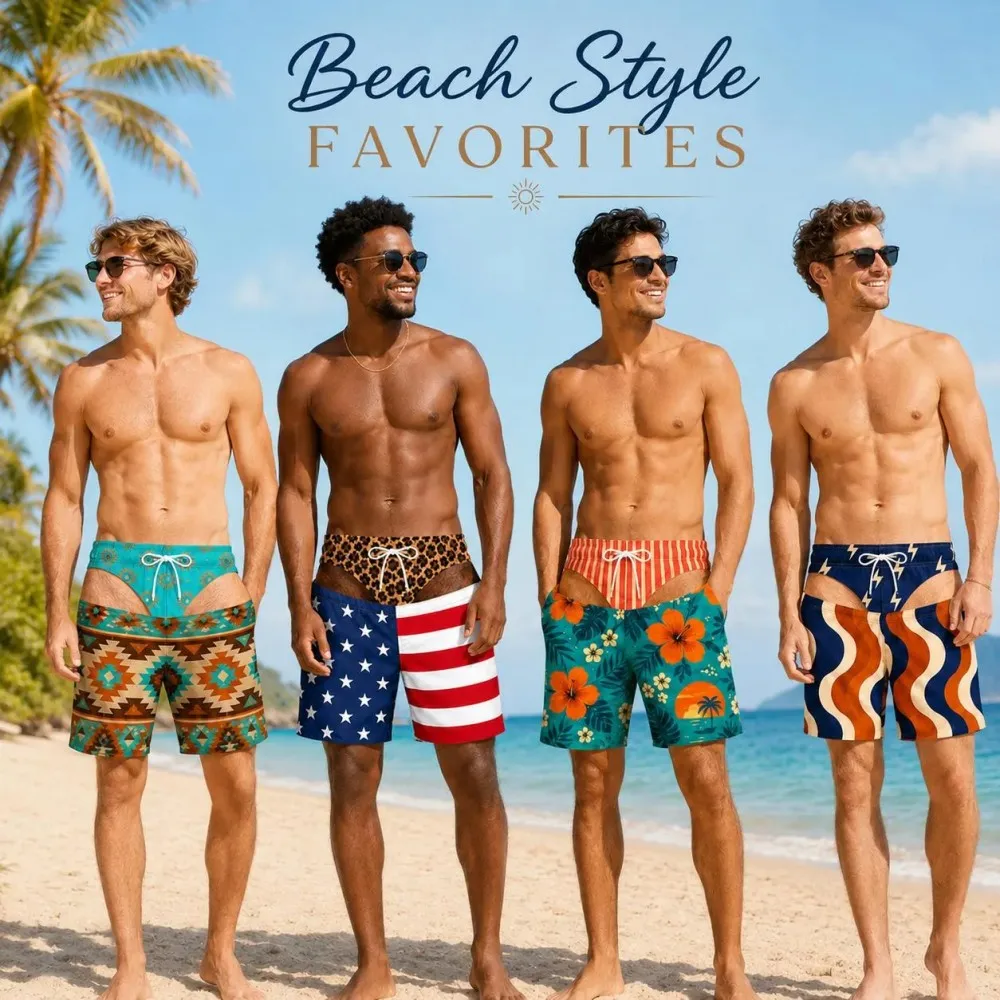 Funny Men's Swim Trunks, Novelty Beach Shorts with Faux Underwear Print, Quick Dry Stretch Board Shorts, Summer Gift for Him