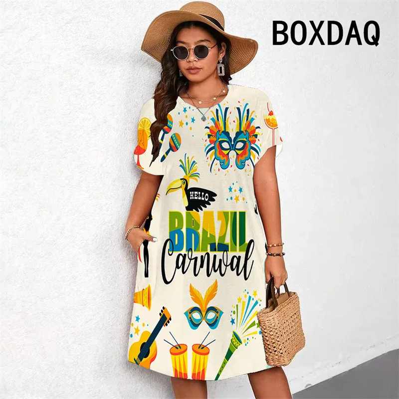 2025 New Mardi Gras Carnival Party Dress 3D Colorful Mask Printed Women A-Line Dress Short Sleeve O-Neck Loose Pocket Mini Dress