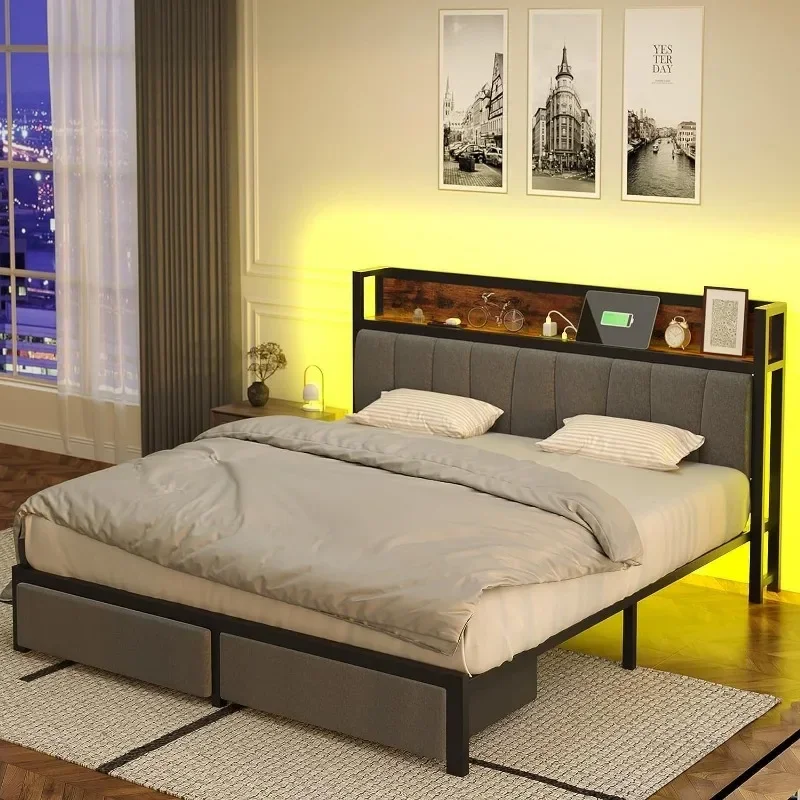 

l # Storage Headboard, Drawers and Charging Station, Easy Assembly