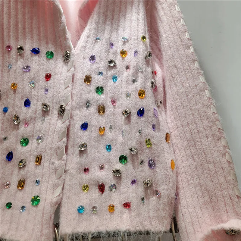 Industria pesante Diamante colorato Peluche Colletto blu scuro Cardigan corto Giacca monopetto lavorata a maglia moda casual Top Donna Autunno