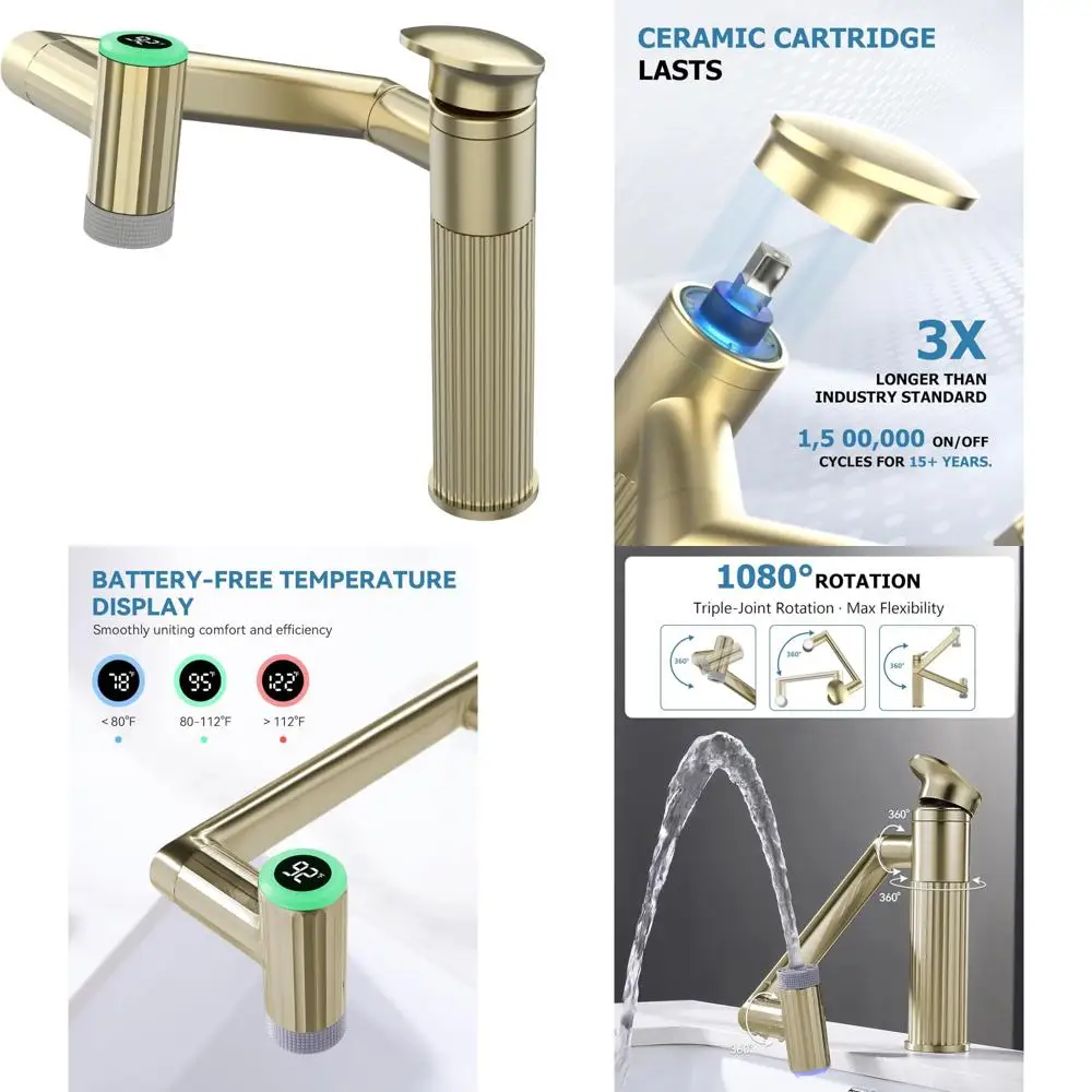 

Rotatable Bathroom Faucet with Fahrenheit Temperature Display, Single Hole Vanity Sink Mixer Tap Featuring 2 Water Modes for Bat