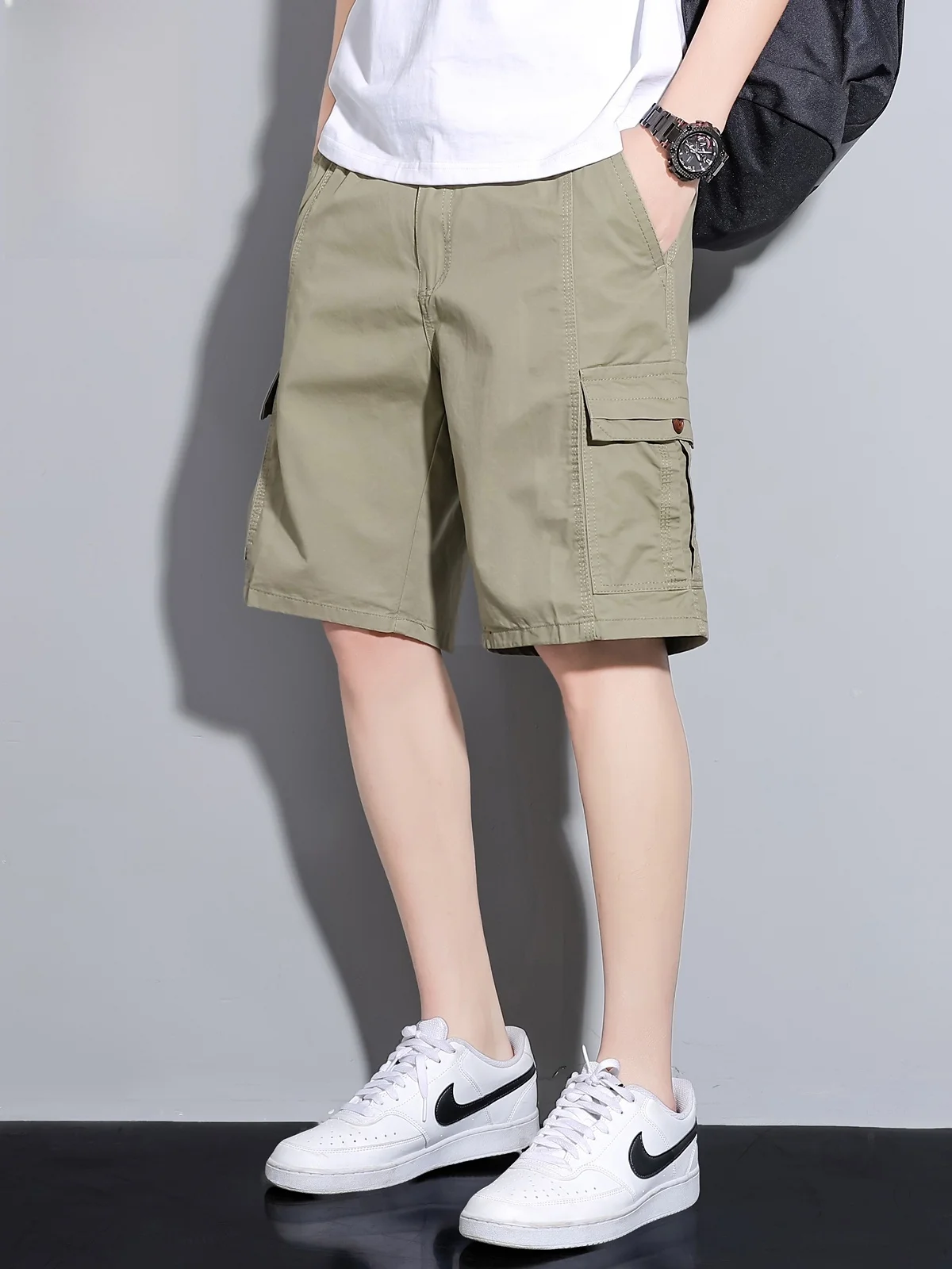 

Мужские повседневные хлопковые шорты-бриджи 5-в-1, свободные спортивные брюки для работы, летние, модные, молодежные, с эластичным поясом