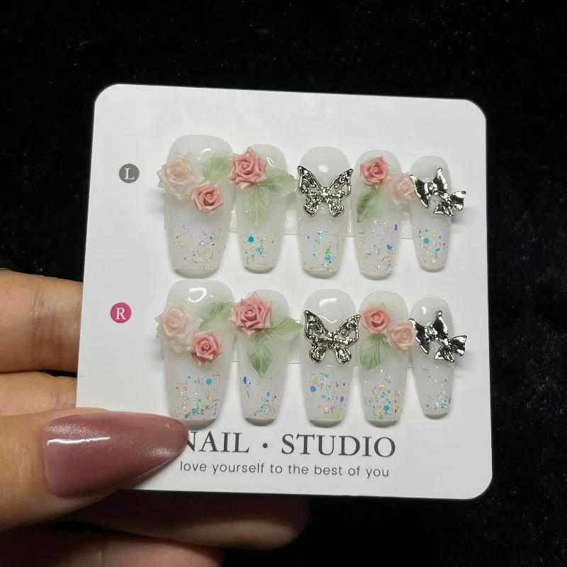 

10PCS Handmade 3D Pink Roses Press on Nails Sparkling Butterfly Decor Medium Coffin False Nails Glitter Sequin French Fake Nails