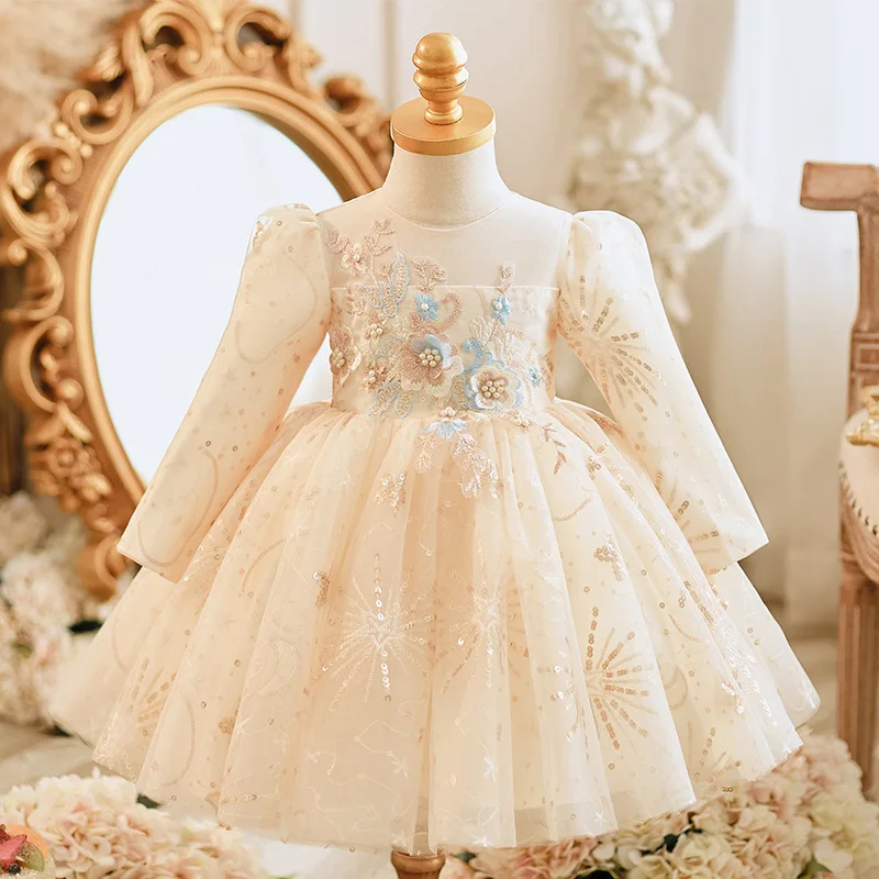 Girls Long Sleeved Princess Dress Childeren Elegant Fashion Beading Sequin Design Birthday Party Dress y1120