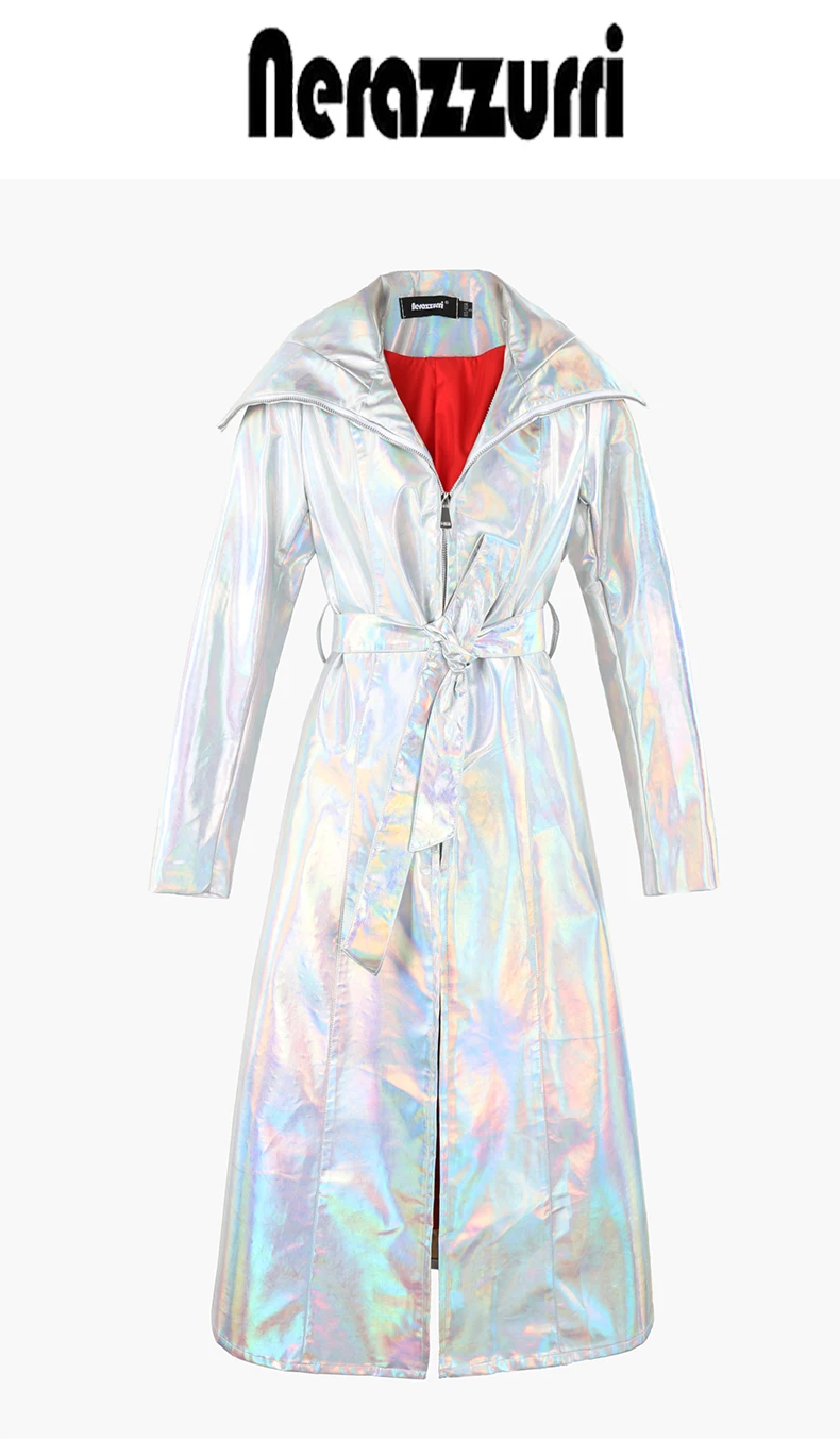 Nerazzurri Autumn Extra Long Windproof Waterproof Shiny Reflective Silver Holographic Patent Faux Leather Coat Women with Hood