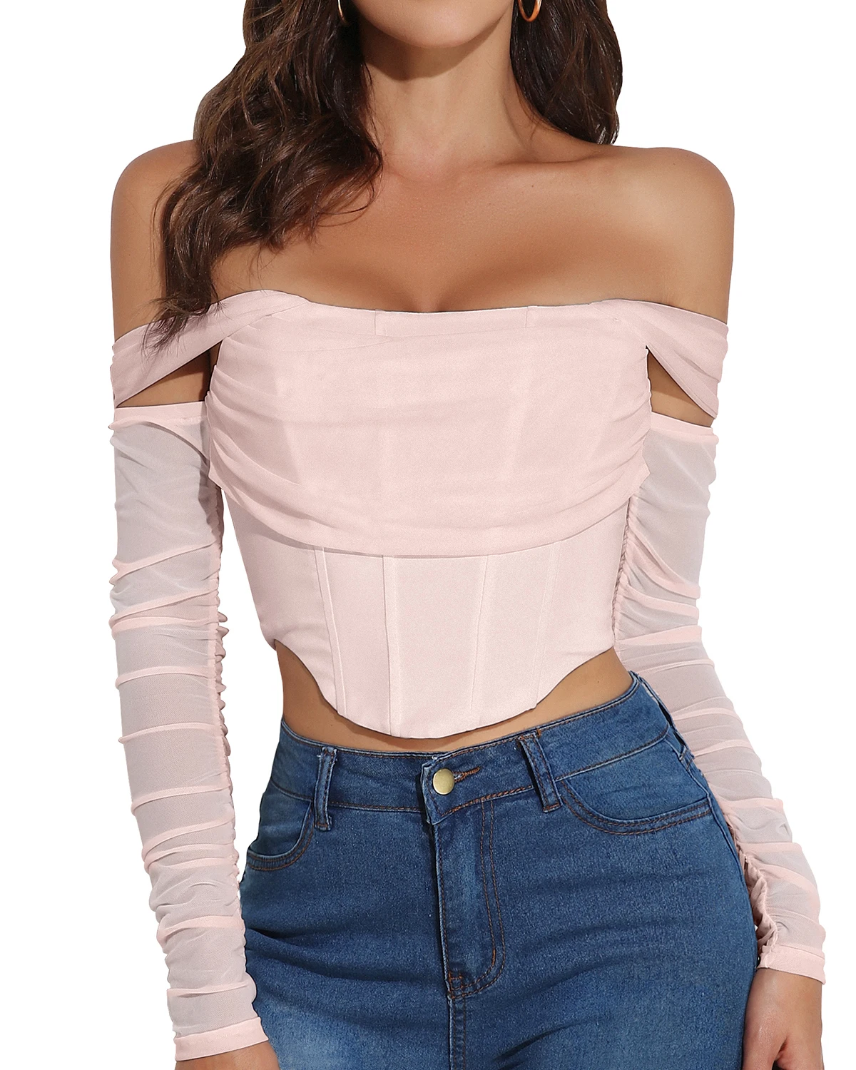 Women Sexy Cute Tube Tops Blouse Mesh Corset Crop Top Long Sleeve Off Shoulder Ruched Bust Boned Bustier