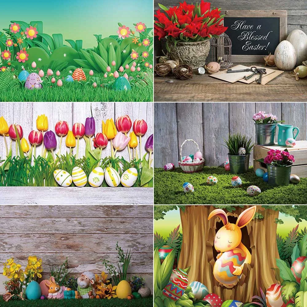 MOON.QG Easter Party Photography Backdrop Grass Bunny Tulip Photocall Background Children Photo Studio Photocall Supplies