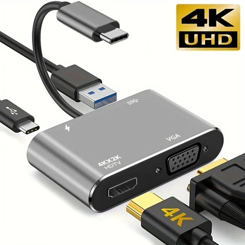 Adaptador Multiport Type C 4 em 1 Hub HDTV VGA USB3.0 Porta de Carregamento Rápido Digital AV PD Conversor Universal