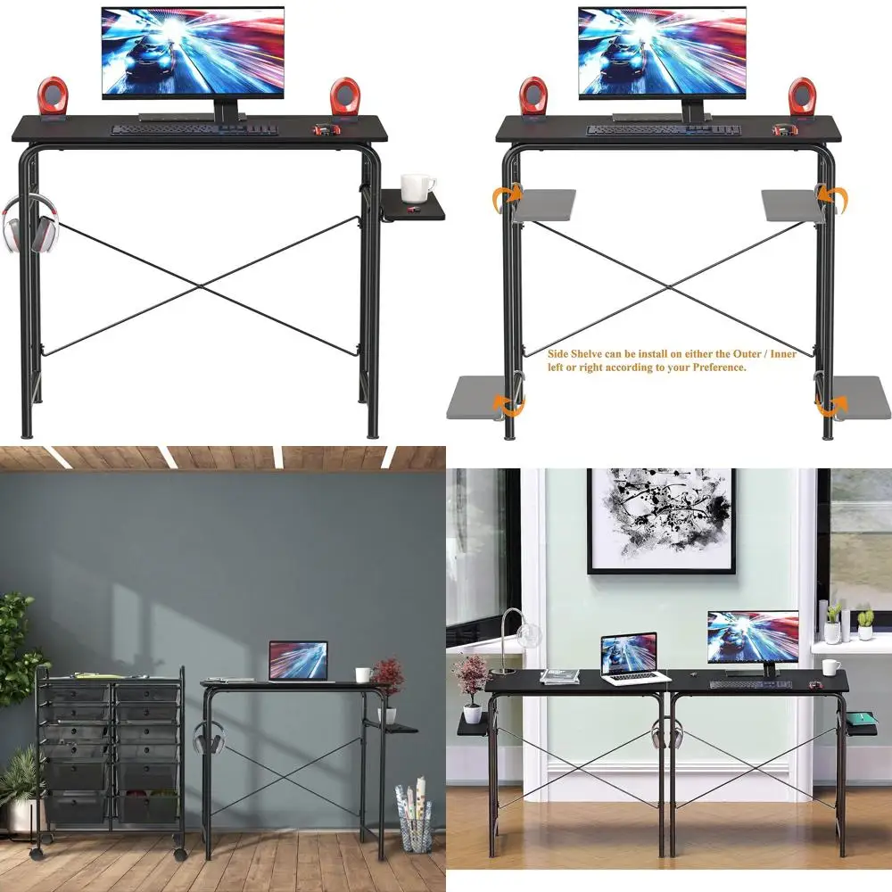 

Компактный черный игровой стол с полкой для хранения для домашнего офиса