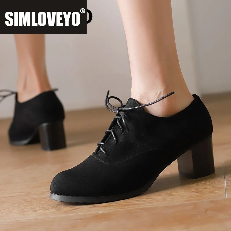 

SIMLOVEYO 2025 Дизайн Классические женские туфли-лодочки из замши на массивном каблуке 5,5 см на шнуровке Большой размер 43 44 45 Повседневная обувь для отдыха Весна