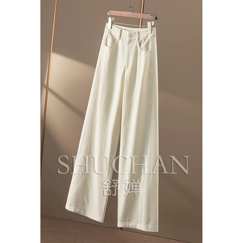 Pantaloni a gamba larga dritti a vita alta patchwork tridimensionale in cotone Donna Pantalones De Mujer