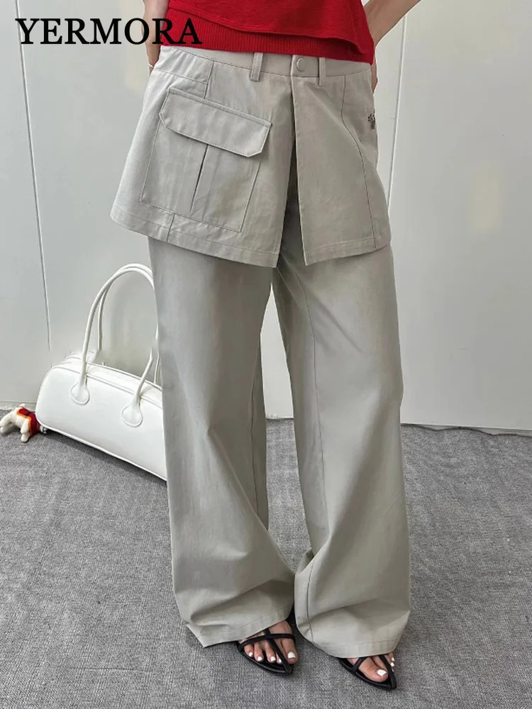 

YERMORA High Waist Gray Fake Two Pieces Set Casual Wide Leg Pants For Women Loose New Trousers Fashon Tide Spring Autumn 2025