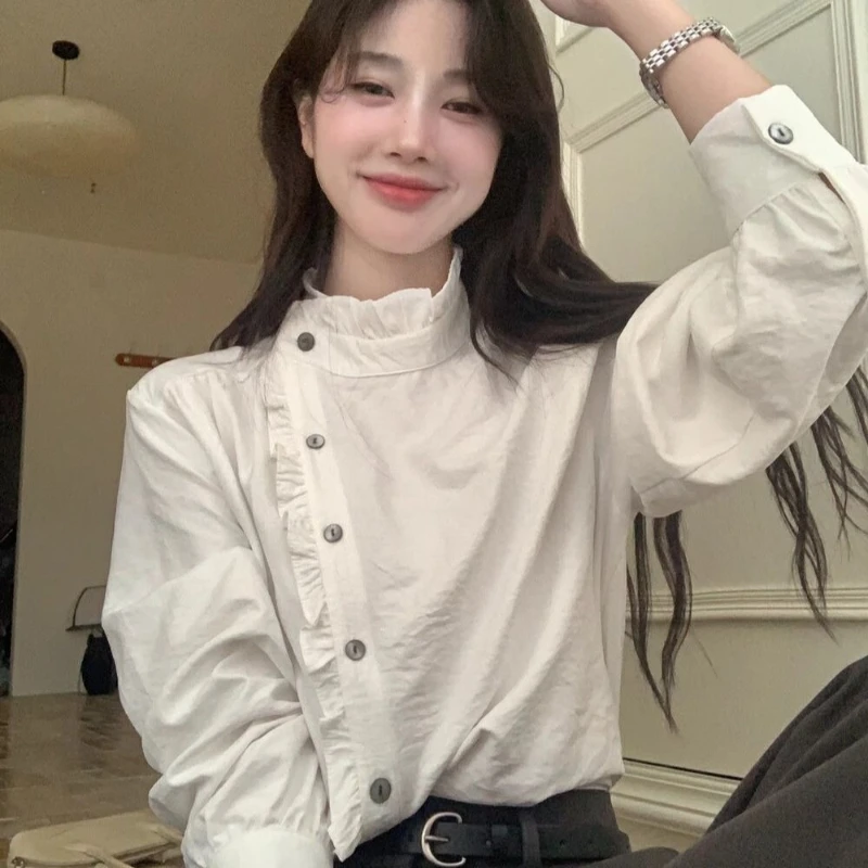 

Белые блузки с рюшами Deeptown, женские милые элегантные шикарные рубашки с длинными рукавами в офисном стиле, винтажные однотонные повседневные топы в корейском стиле