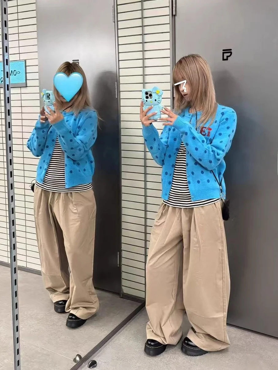 

American Sle Retro Polka Dot round Ne Open Cardigan Sweater Women's ort Soft Lazy Knitted Top Autumn Winter Faion