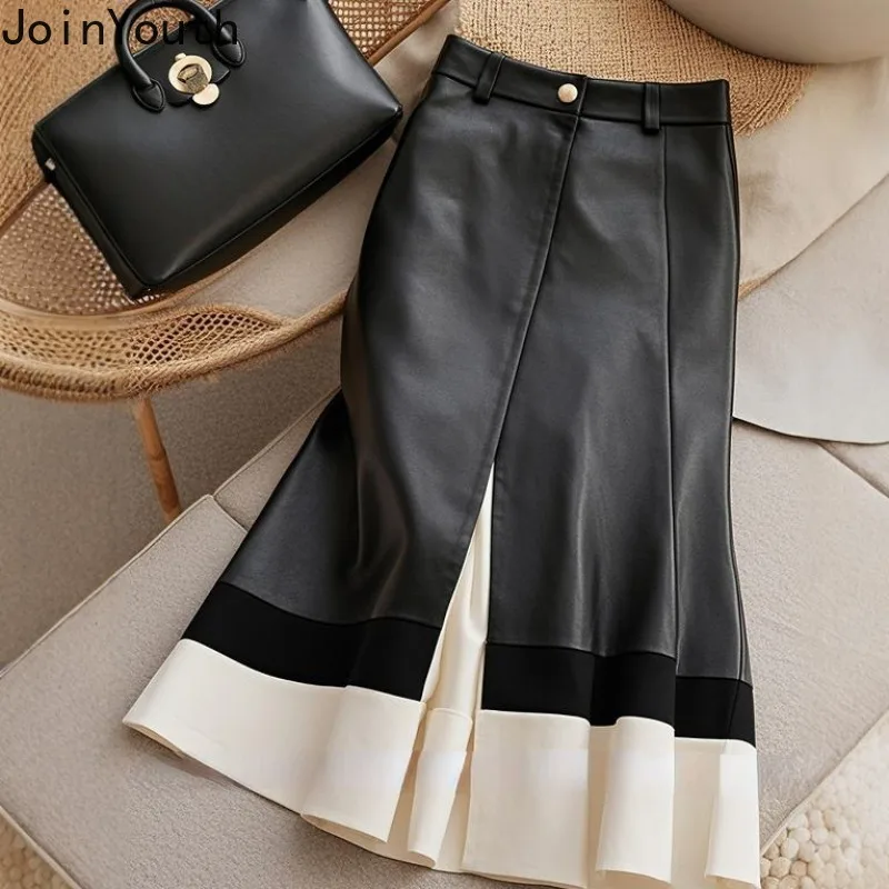 

Leather Skirt Women Temperament Jupe Hig Waist Patchwork Ruffles Tunic Saia 2024 Faldas Mujer De Moda Vintage Bodycon Skirts