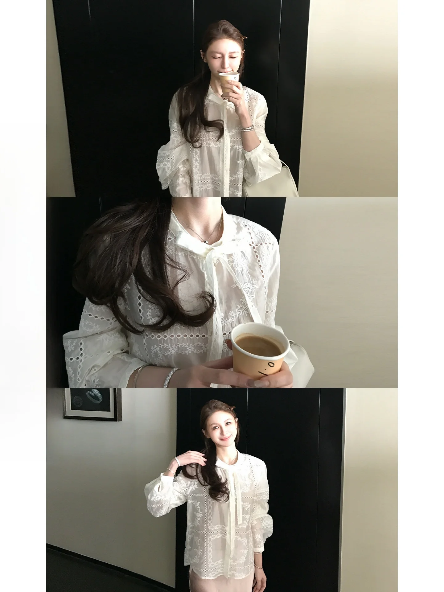 

Skk Store Early Spring Embroidered Hollow Stripe Silk Cotton Knot Women's Shirt Gentle Soft Style Long Sleeve Butto...