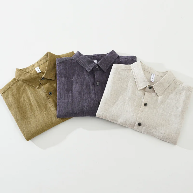 Summer Colored Linen Short-sleeved Shirt for Men, Loose and Breathable Solid-color High-end Shirt, Retro Square Neck Top Fashion